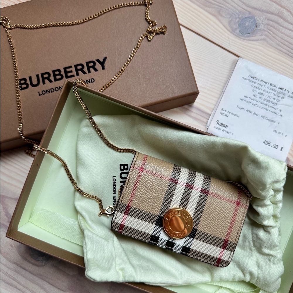 Burberry Beige Checkered Women's Mini Wallet with Chain
